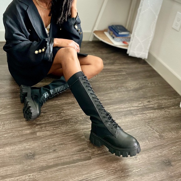 Black Lace Up Platform Chunky Boots Size 5.5 - Picture 4 of 9